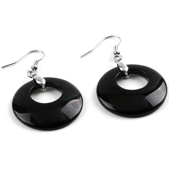 Obsidian Black Natural Stone Gemstone Healing Round Donut Dangle Earrings - Picture 1 of 2